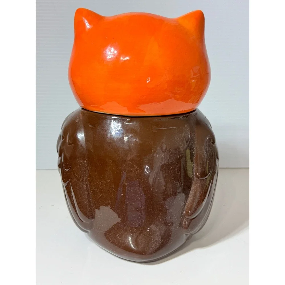 Ceramic Owl Cookie Jar Orange Brown Teal Glossy Fall Decor 9.75in H
